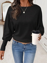 T-shirt femme manches chauve-souris col rond beige – Noir