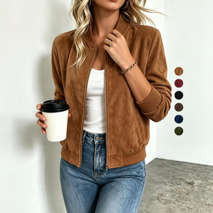 Veste Baseball Femme Imitation Suède Col Montant Zip
