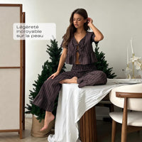 Pyjama Coton Rayé Col V Manches Courtes avec Pantalon