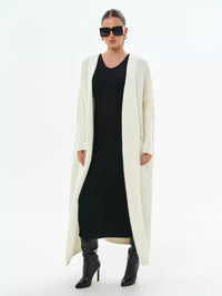 Women's long knit cardigan with open drape front – Blanc Laiteux 2