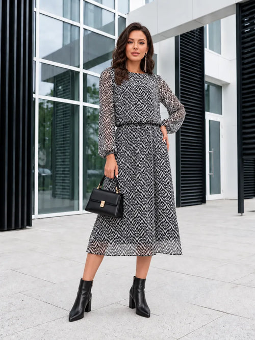 Robe Midi Mousseline Motif Chevron Manches Longues