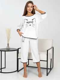Ensemble pyjama coton rayé avec dentelle – Blanc