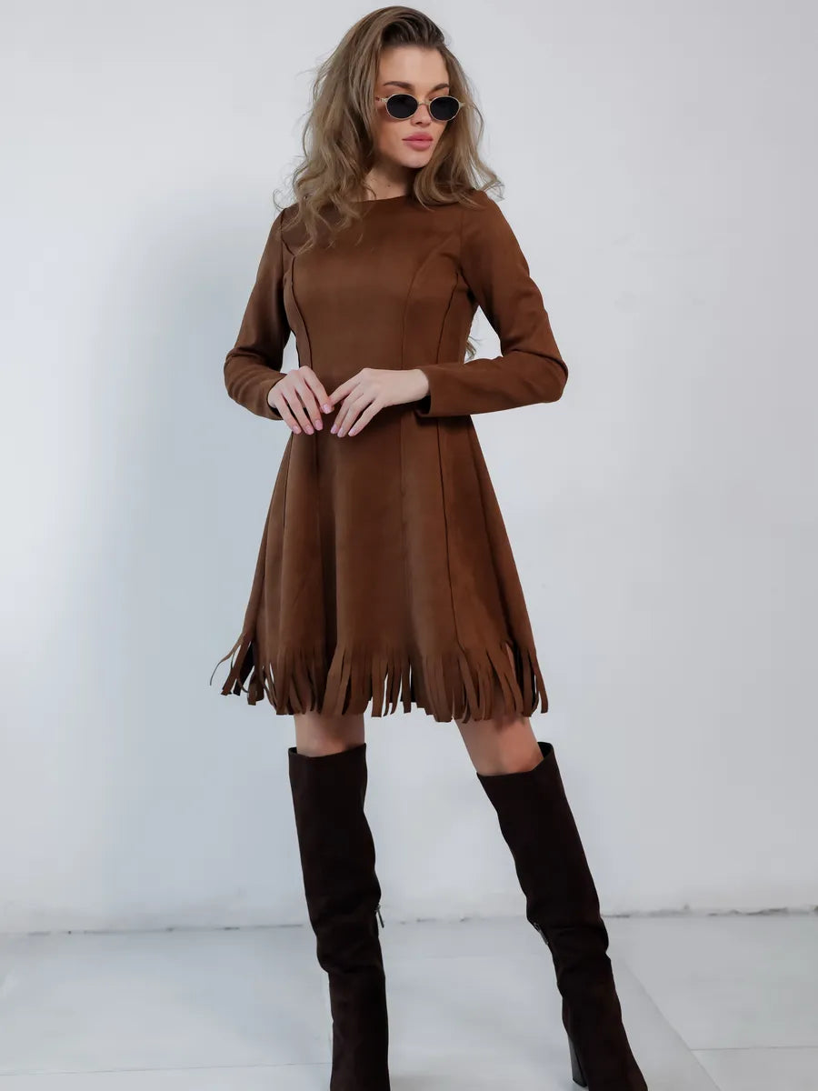 Robe marron en daim manches longues à franges – Marron