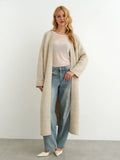 Women's long knit cardigan with open drape front – Beige Clair Mélange