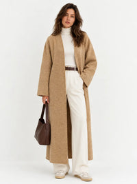 Women's long knit cardigan with open drape front – Beige