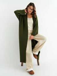 Women's long knit cardigan with open drape front – Kaki