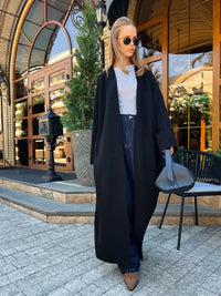 Women's long knit cardigan with open drape front – Noir