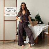 Pyjama Coton Rayé Col V Manches Courtes avec Pantalon