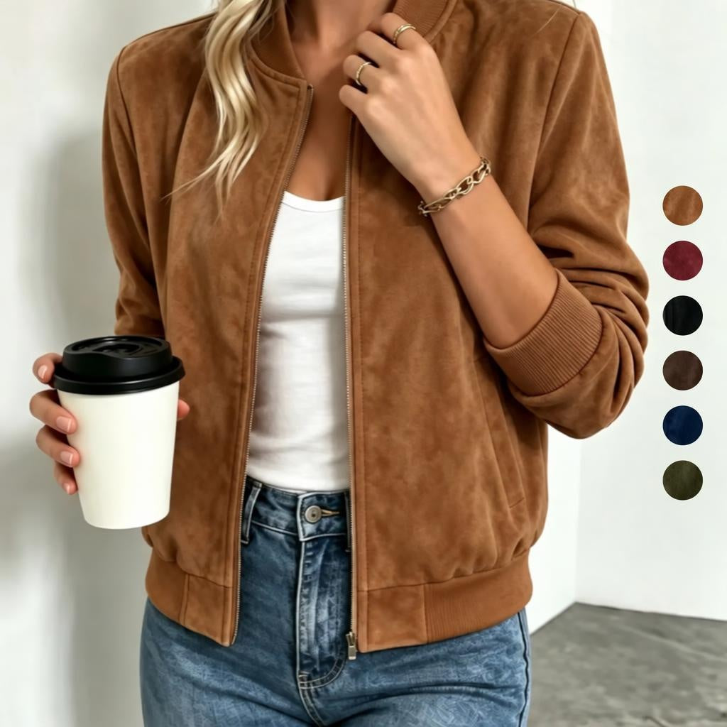 Veste Baseball Femme Imitation Suède Col Montant Zip
