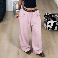 Pantalon large noir taille haute avec ceinture léopard – Rose
