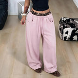 Pantalon large noir taille haute avec ceinture léopard – Rose