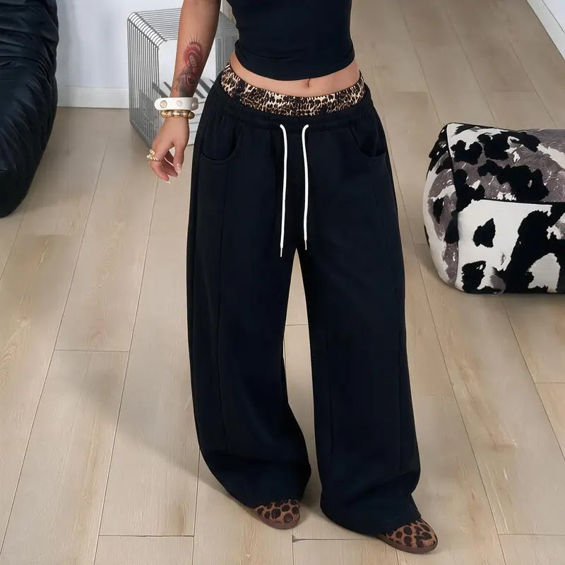 Pantalon large noir taille haute avec ceinture léopard – Noir
