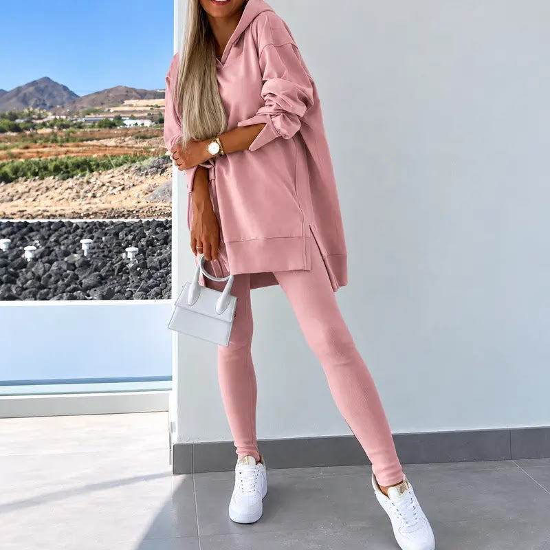 Ensemble lounge femme sweatshirt à capuche et legging côtelé – Rose