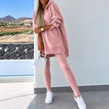 Ensemble lounge femme sweatshirt à capuche et legging côtelé – Rose