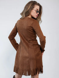 Robe marron en daim manches longues à franges 2