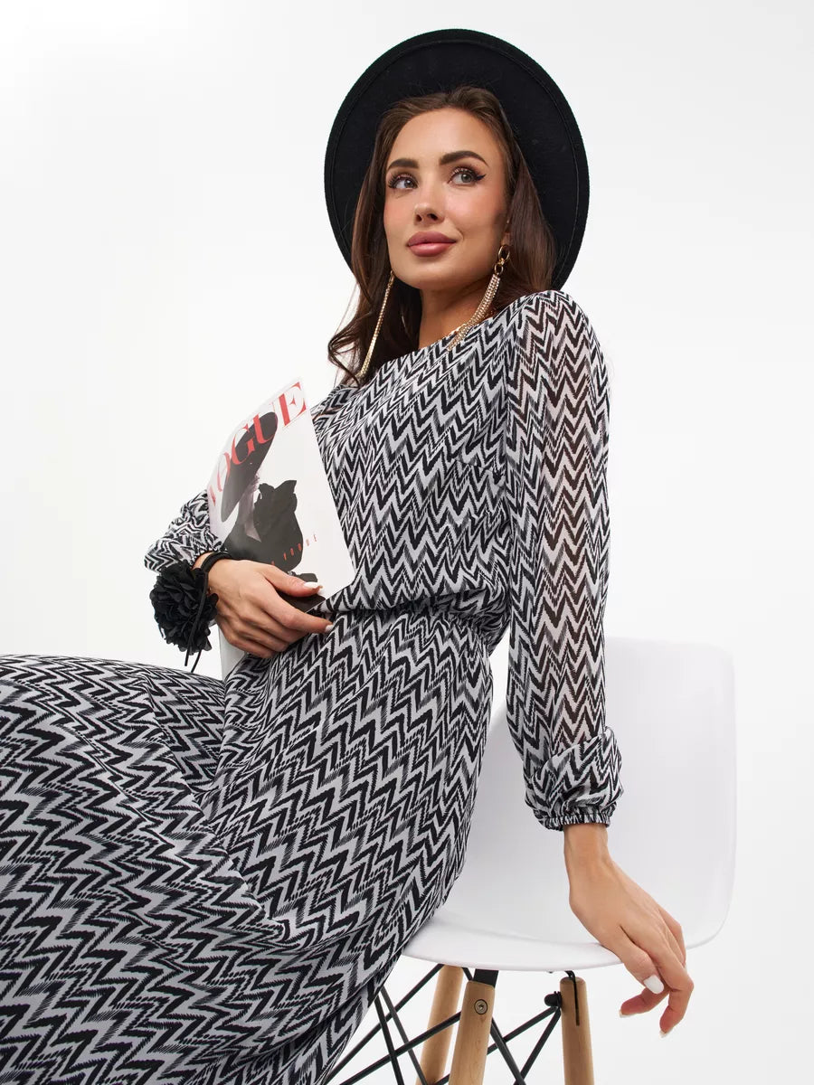 Robe midi mousseline motif chevron manches longues 2