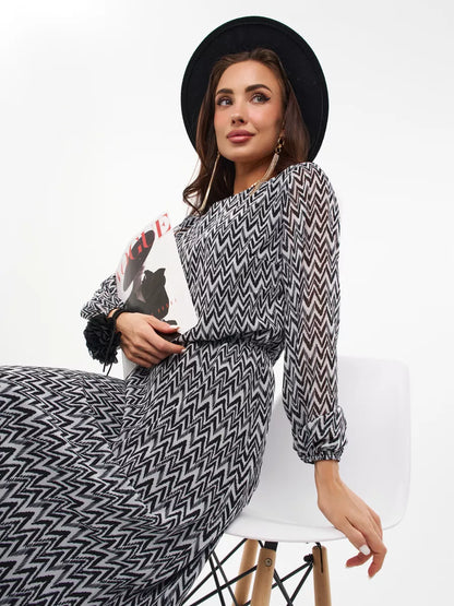 Robe midi mousseline motif chevron manches longues 2