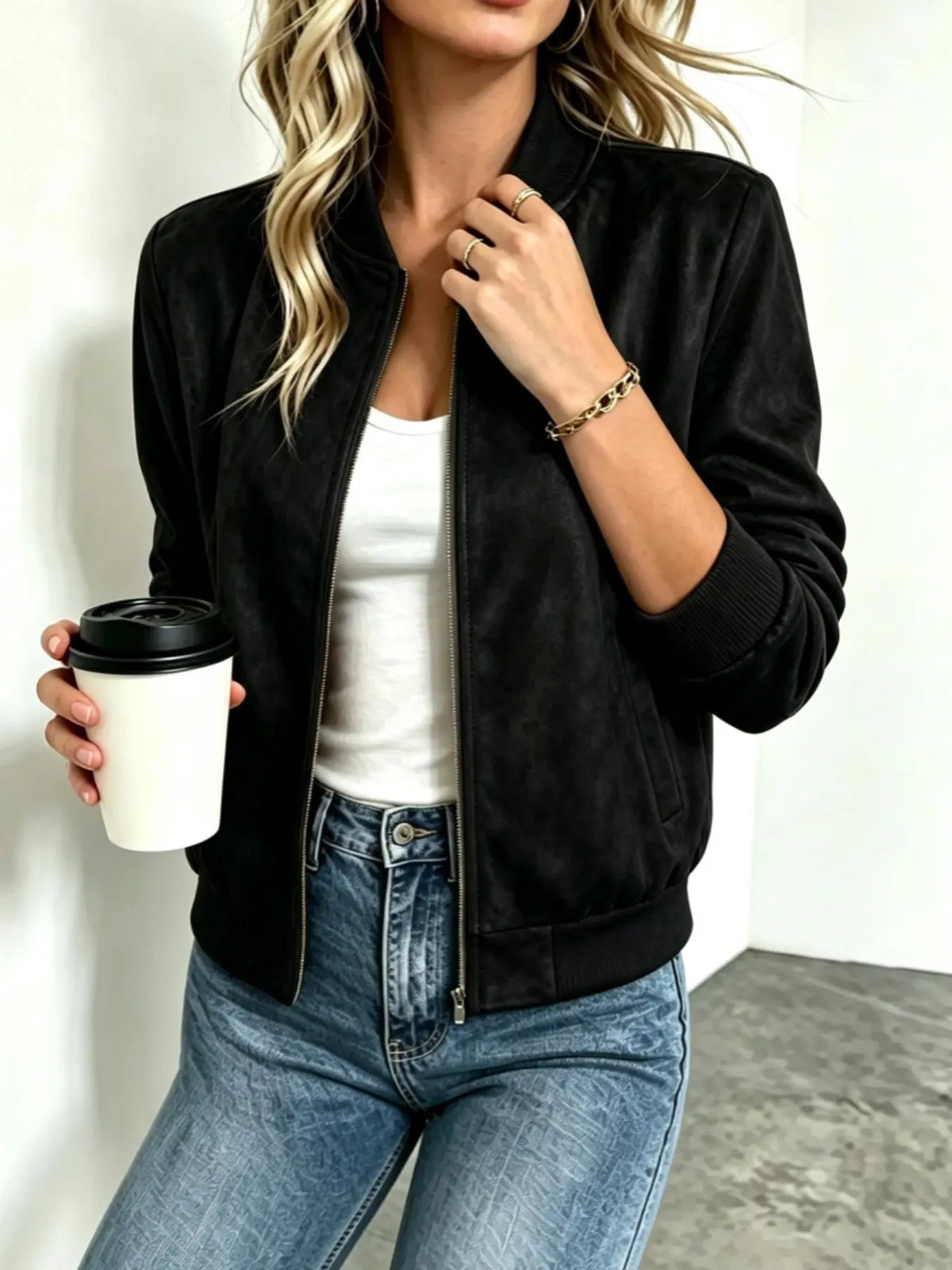 Veste baseball femme imitation suède col montant zip – Noir