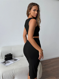 Ensemble deux pièces crop top sans manches côtelé et jupe midi 3