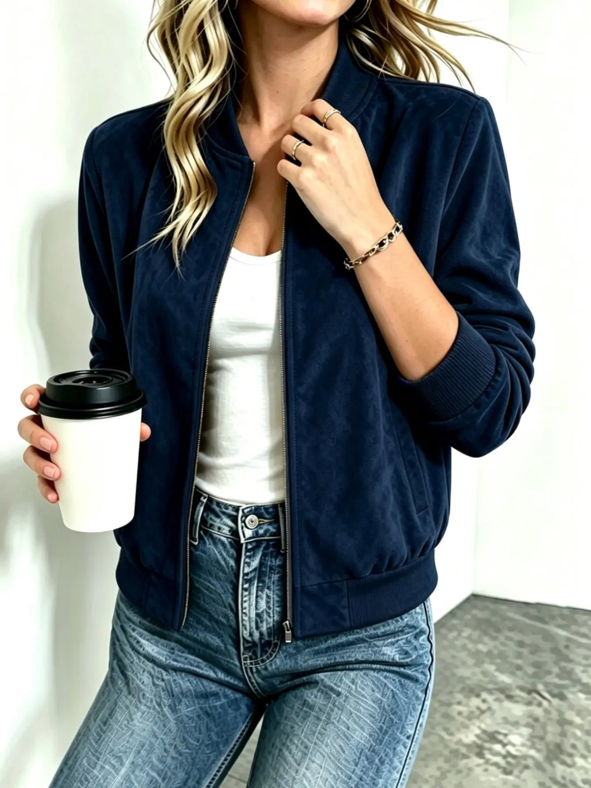 Veste baseball femme imitation suède col montant zip – Lavage Foncé