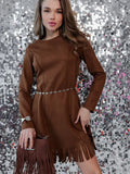 Robe marron en daim manches longues à franges 5