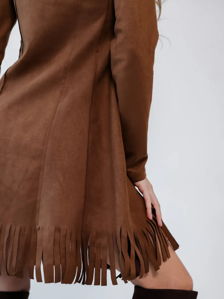 Robe marron en daim manches longues à franges 6