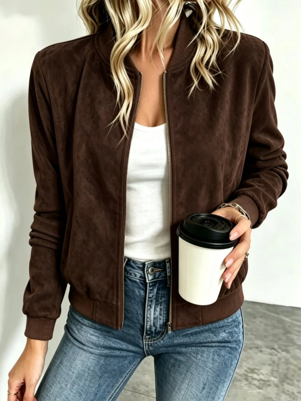 Veste baseball femme imitation suède col montant zip – Marron Café