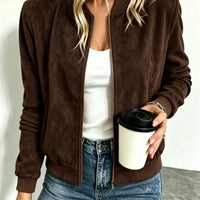 Veste baseball femme imitation suède col montant zip 4