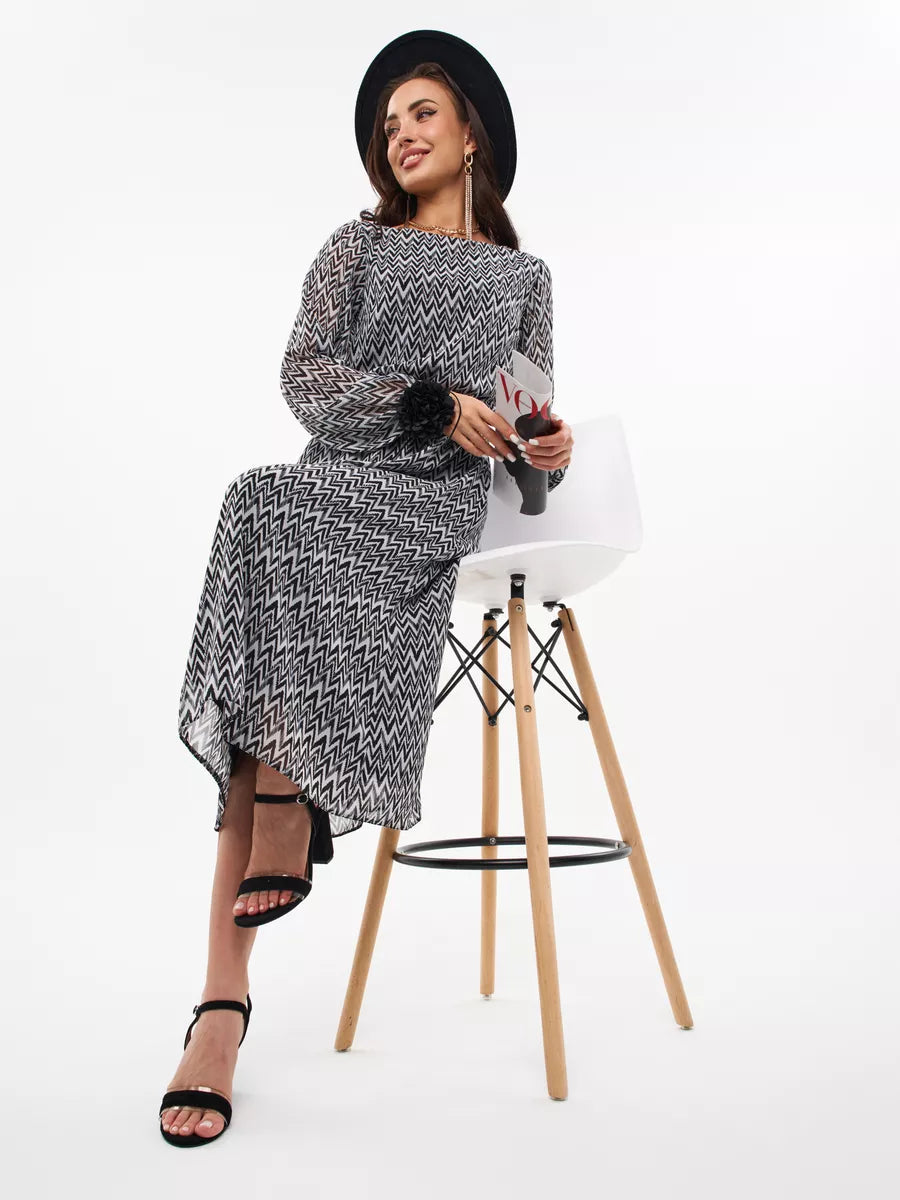 Robe midi mousseline motif chevron manches longues 7
