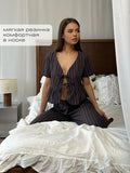 Pyjama coton rayé col V manches courtes avec pantalon 7