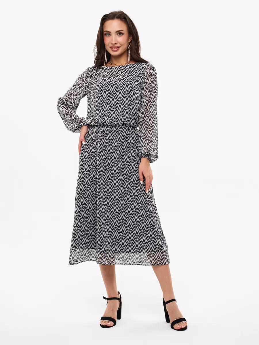 Robe midi mousseline motif chevron manches longues 8