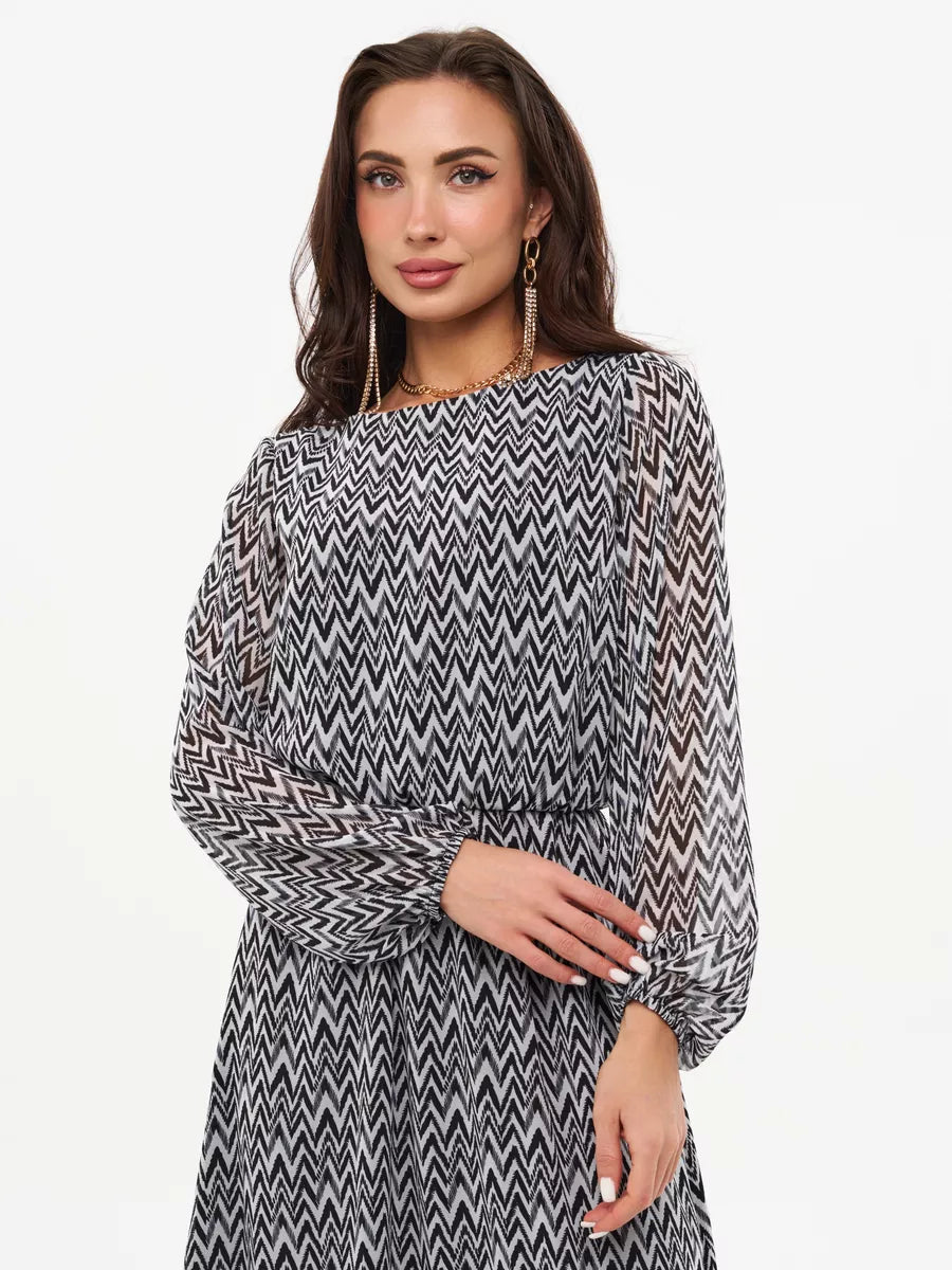 Robe midi mousseline motif chevron manches longues 9