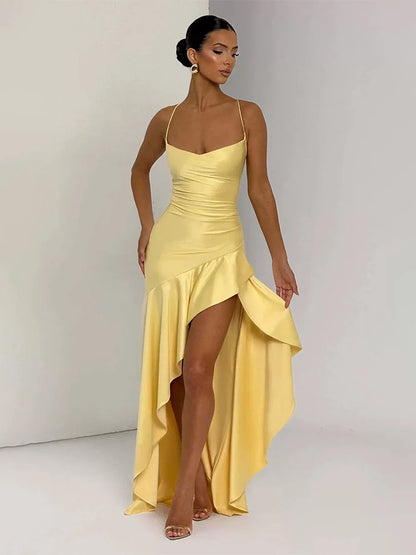 Robe longue satin dos nu volant – Jaune