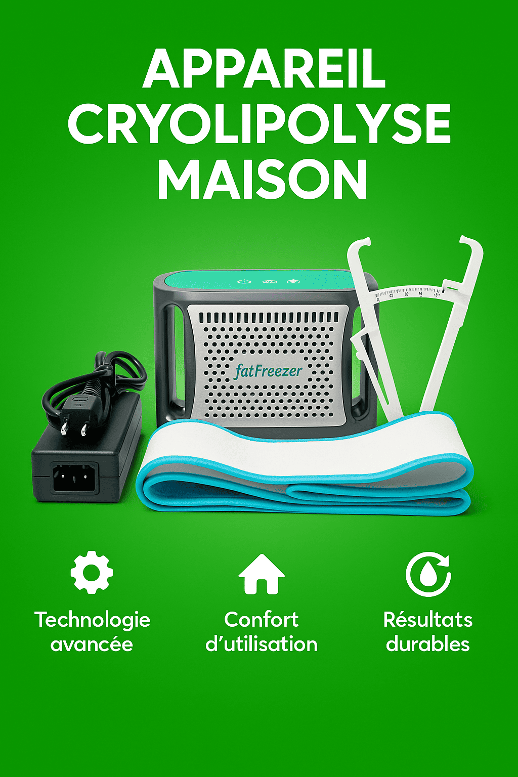 Appareil cryolipolyse maison avec accessoires sur fond vert, montrant la technologie avancee et le confort d'utilisation