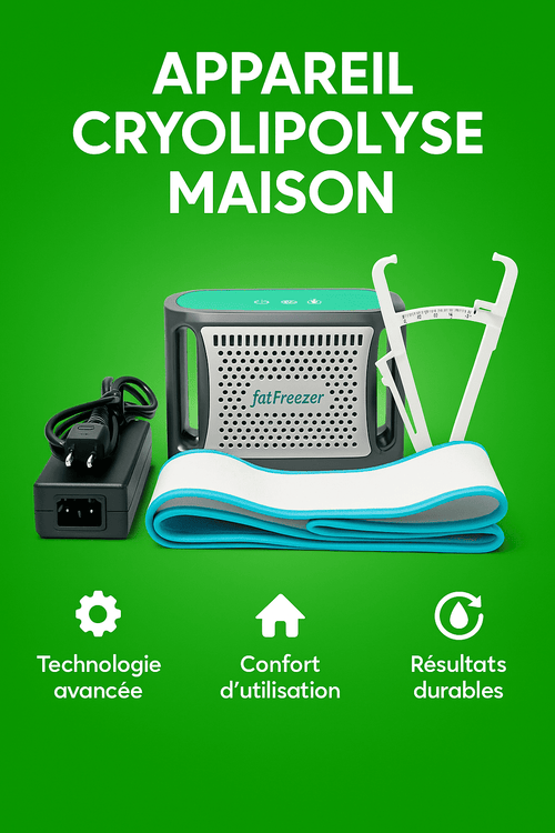 Appareil cryolipolyse maison avec accessoires sur fond vert, montrant la technologie avancee et le confort d'utilisation
