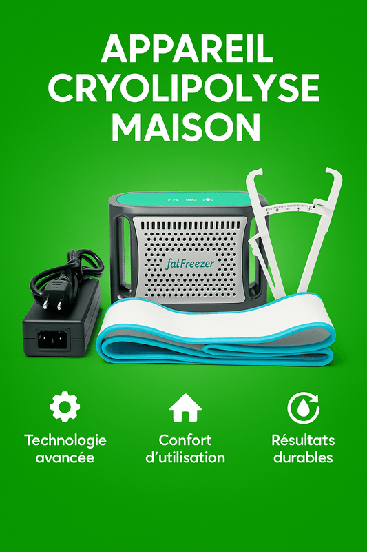 Appareil cryolipolyse maison avec accessoires sur fond vert, montrant la technologie avancee et le confort d'utilisation