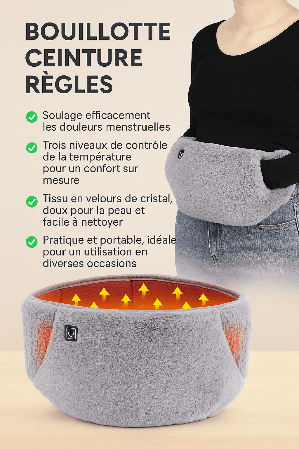 Bouillotte ceinture regles en velours gris avec elements chauffants, montree portee et en detail avec indication de chaleur