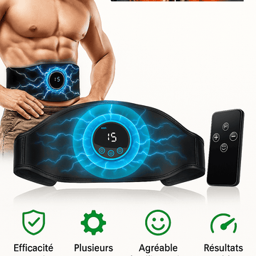 Ceinture electrostimulation avec telecommande et ecran digital, affichant effets sur les muscles abdominaux et fonctions multiples