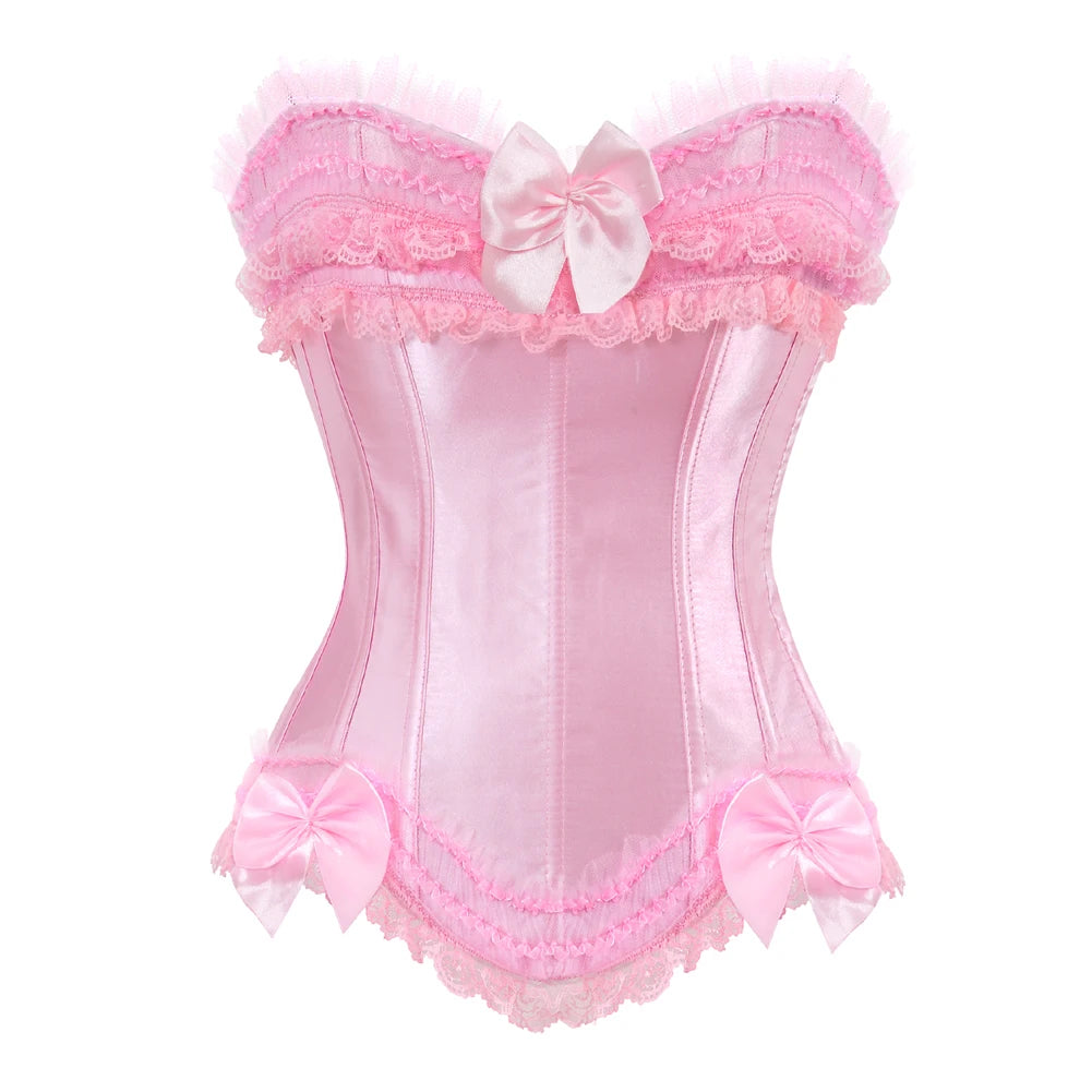 Bustier Satin rose en dentelle avec noeuds decoratifs et bordure en dentelle, style elegant et feminin