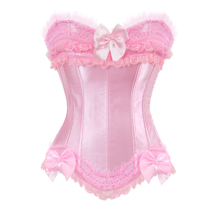 Bustier Satin rose en dentelle avec noeuds decoratifs et bordure en dentelle, style elegant et feminin