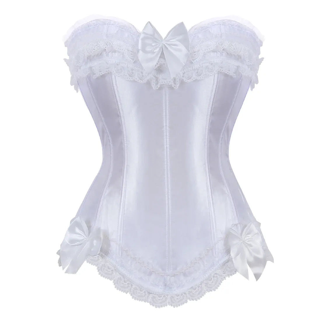 Bustier Satin blanc elegant avec dentelle delicate et noeuds en satin, coupe ajustee style corset avec finitions raffinees