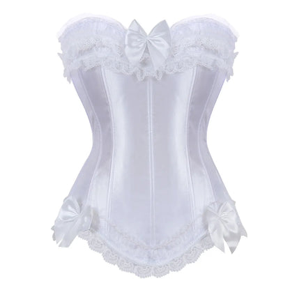 Bustier Satin blanc elegant avec dentelle delicate et noeuds en satin, coupe ajustee style corset avec finitions raffinees
