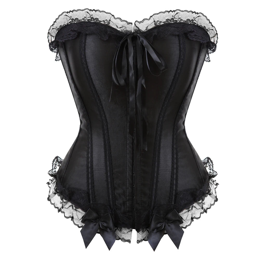 Bustier Satin noir elegant avec dentelle delicate et noeuds en ruban, style corset vintage avec finitions raffinees