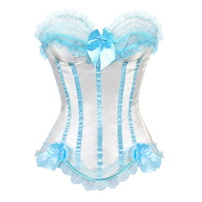 Bustier Satin blanc et bleu ciel avec dentelle delicate, noeuds decoratifs et baleines verticales pour un style elegant