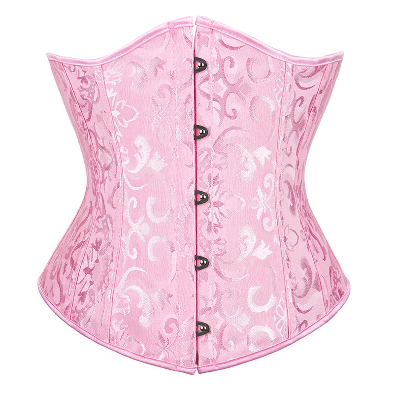 Bustier Satin rose avec motifs floraux brodes, fermeture a boutons sur le devant, coupe corset elegant et raffine