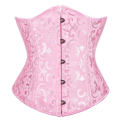 Bustier Satin rose avec motifs floraux brodes, fermeture a boutons sur le devant, coupe corset elegant et raffine