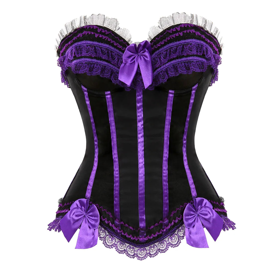 Bustier Satin noir avec dentelle blanche et rubans violets, noeuds decoratifs et bordures en dentelle