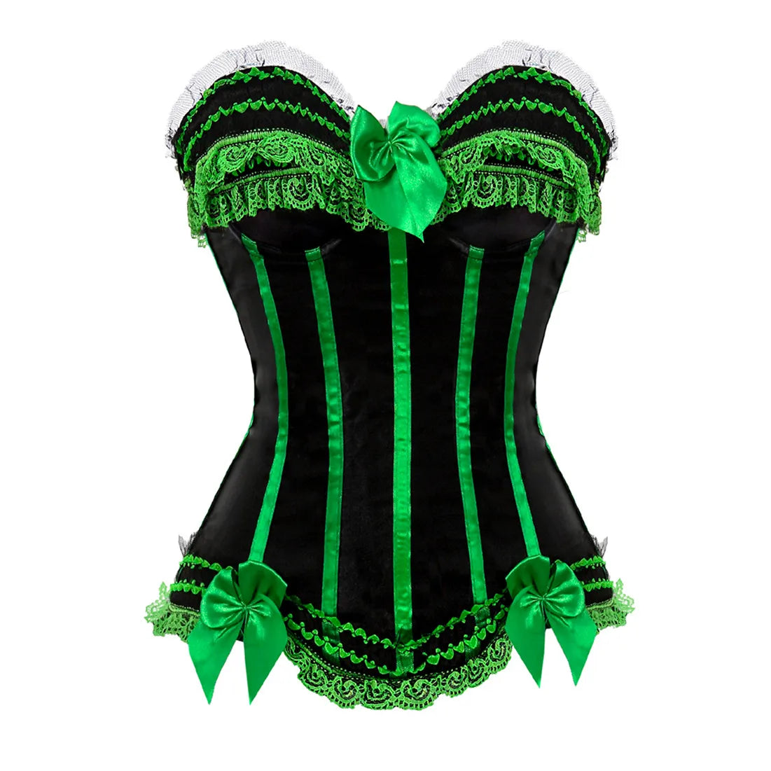 Bustier satin noir et vert avec dentelle blanche, noeuds decoratifs verts et details vintage en style corset