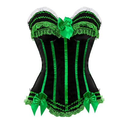 Bustier satin noir et vert avec dentelle blanche, noeuds decoratifs verts et details vintage en style corset