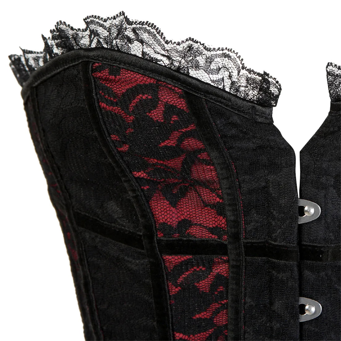 Corset Gothique noir avec dentelle fine et doublure rouge, style élégant et maintien confortable.